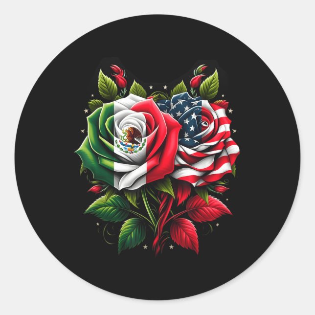 Mexico Usa Flag Mexican Flag American Flag Rose Fl Classic Round Sticker (Front)