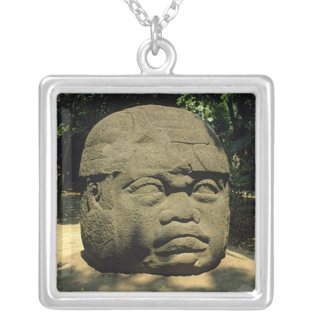 Mexico, Villahermosa, giant Olmec head, La Venta Silver Plated Necklace (Front)