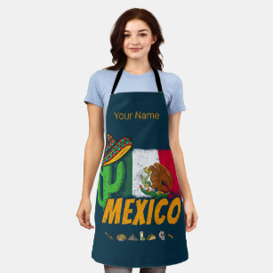 Mexico Vintage Cactus With Flag Sombrero Souvenir Apron