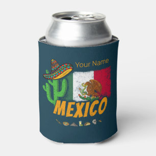 Mexico Vintage Cactus With Flag Sombrero Souvenir Can Cooler