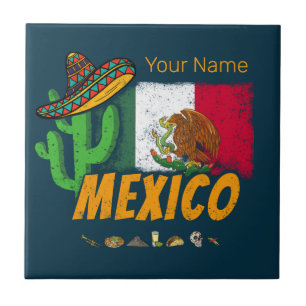 Mexico Vintage Cactus With Flag Sombrero Souvenir Ceramic Tile