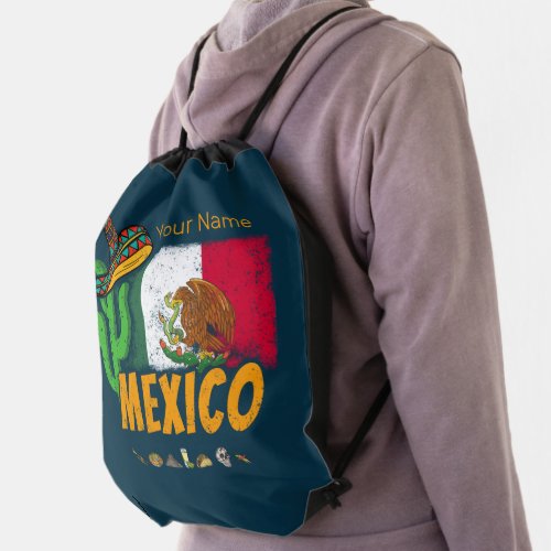 Mexico Vintage Cactus With Flag Sombrero Souvenir Drawstring Bag