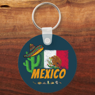 Mexico Vintage Cactus With Flag Sombrero Souvenir Keychain