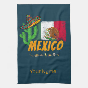 Mexico Vintage Cactus With Flag Sombrero Souvenir Kitchen Towel