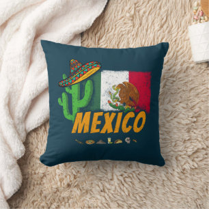 Mexico Vintage Cactus With Flag Sombrero Souvenir Throw Pillow