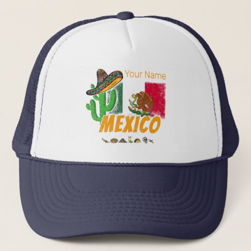 Mexico Vintage Cactus With Flag Sombrero Souvenir Trucker Hat