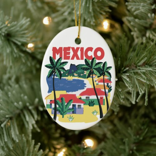 Mexico vintage illustration with beach scene ceramic ornament