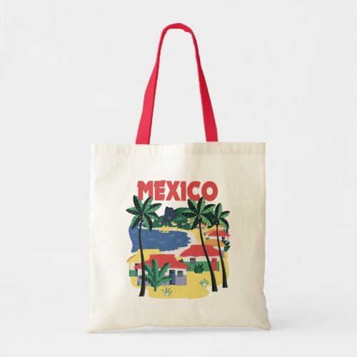 Mexico vintage illustration with beach scene tote bag
