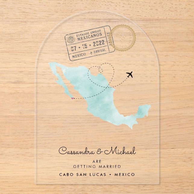 Mexico Watercolor Map | Cabo | Destination Wedding Acrylic Invitations (Front)