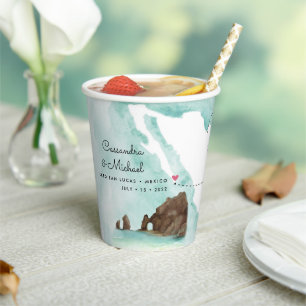 Mexico Watercolor Map Cabo Destination Wedding Paper Cups