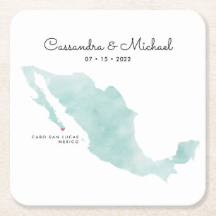 Mexico Watercolor Map Cabo Destination Wedding Square Paper Coaster
