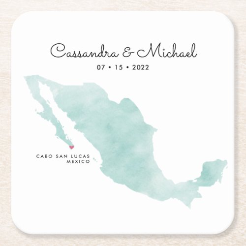 Mexico Watercolor Map  Cabo  Destination Wedding Square Paper Coaster