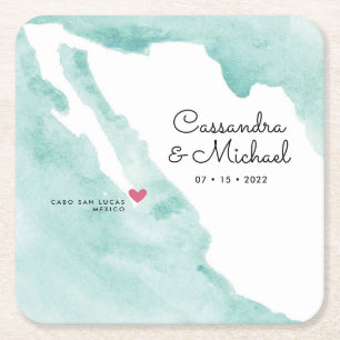Mexico Watercolor Map Cabo Destination Wedding Square Paper Coaster
