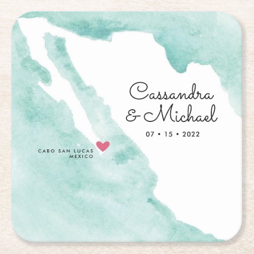 Mexico Watercolor Map  Cabo  Destination Wedding Square Paper Coaster