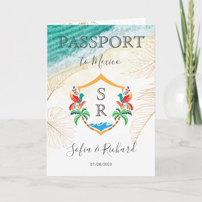 Mexico Wedding Destination Passport Crest Initials Invitation (Front)