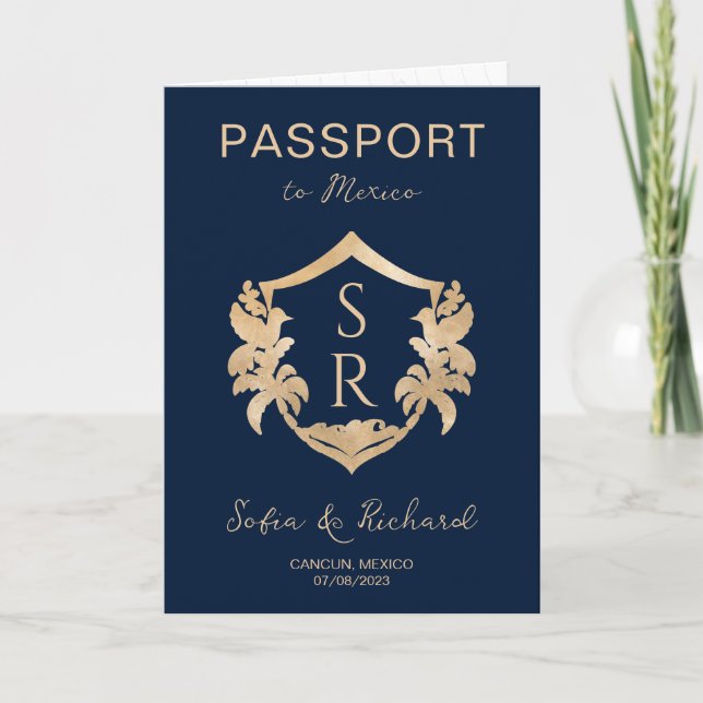 Mexico Wedding Destination Passport Crest Palm  Invitation (Front)