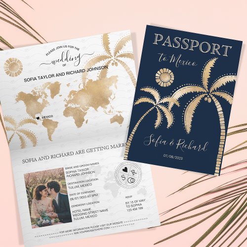 Mexico Wedding Destination Passport World Map Palm Invitation