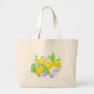 Meyer lemons on kitchen towel large tote bag
