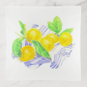 Meyer lemons on kitchen towel trinket tray