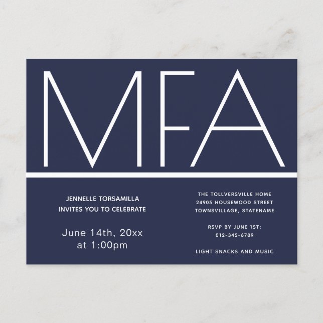 MFA degree Graduation Party Invitation Postcard (Front)