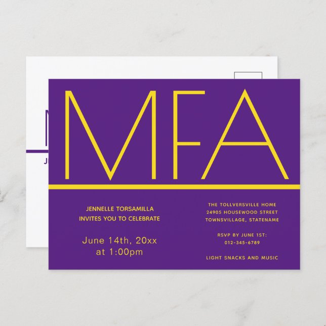 MFA degree Purple Graduation Party Invitation Postcard (Front/Back)