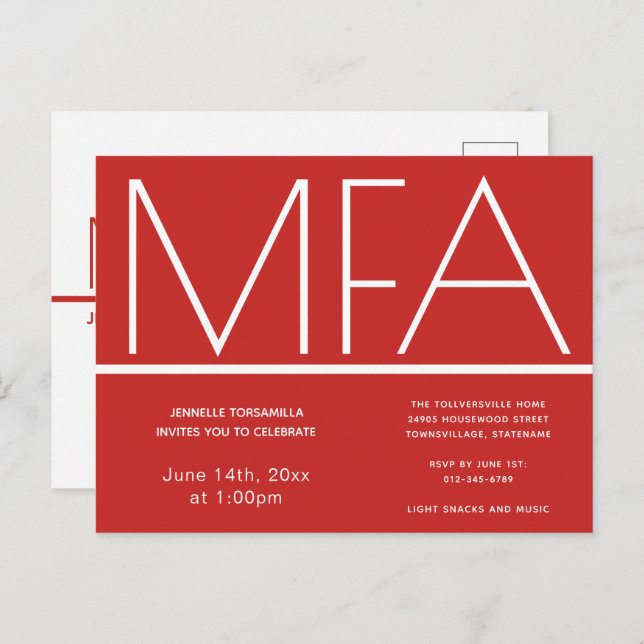 MFA degree Red Graduation Party Invitation (Front/Back)