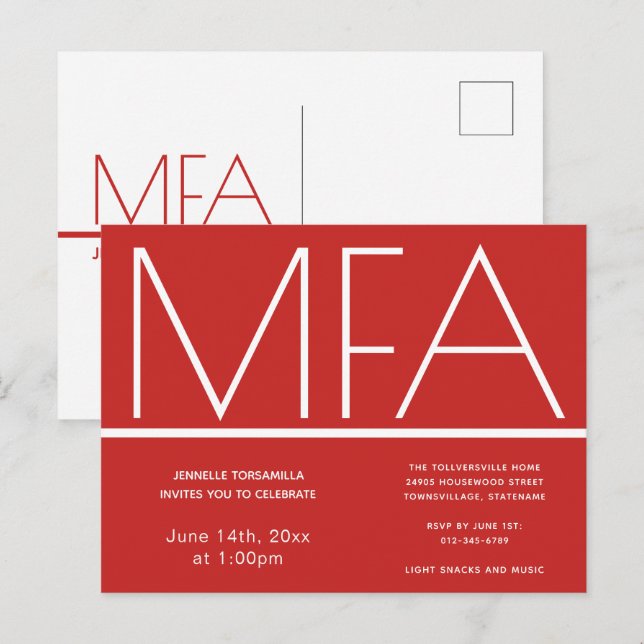 MFA degree Red Graduation Party Invitation Postcard (Front/Back)