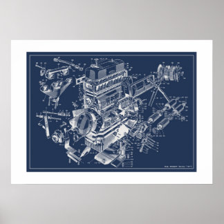 MG "TF" Engine Schematic Poster - BluePrint