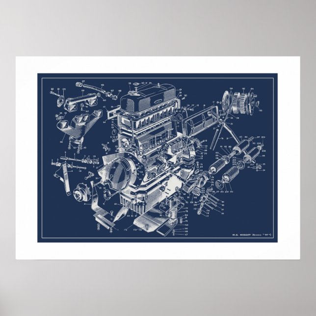 MG "TF" Engine Schematic Poster - BluePrint (Front)