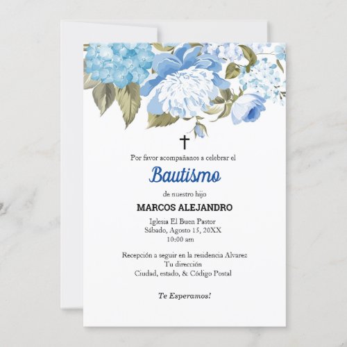 Mi Bautizo Blue Florallight blue Invitation