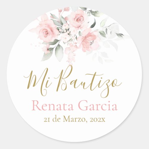 Mi Bautizo flores rosas Classic Round Sticker