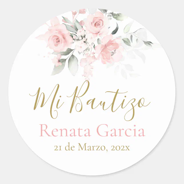 Mi Bautizo flores rosas Classic Round Sticker | Zazzle