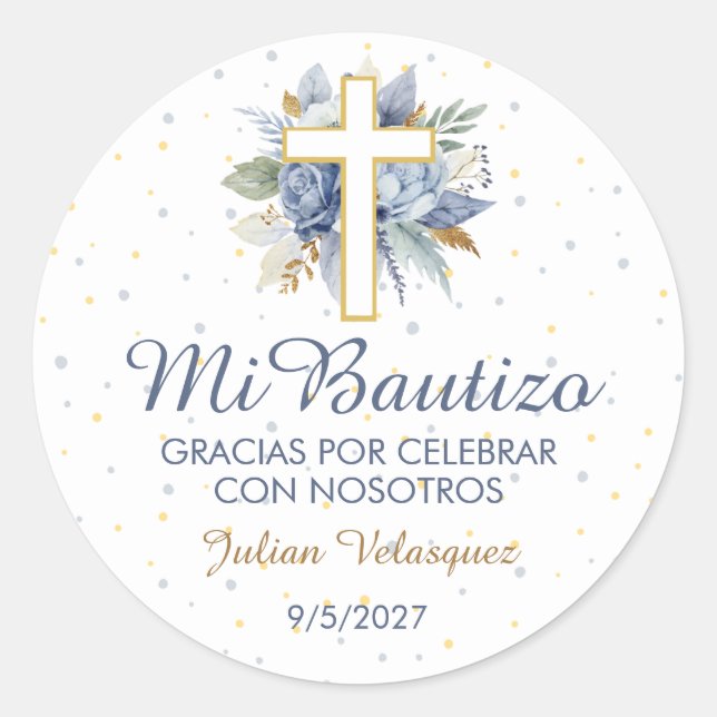 Mi Bautizo Niño Azul Flores Cruz Baptism Cross Classic Round Sticker (Front)