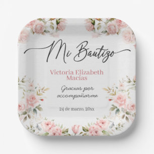 Mi Bautizo Para Niña Pink Floral Baptism Paper Plates