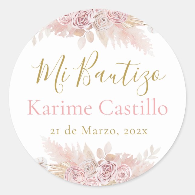 Mi Bautizo pink Classic Round Sticker (Front)