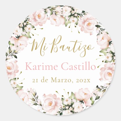 Mi Bautizo pink floral Classic Round Sticker