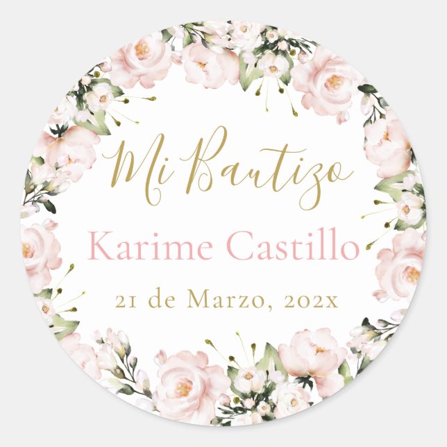 Mi Bautizo pink floral Classic Round Sticker (Front)