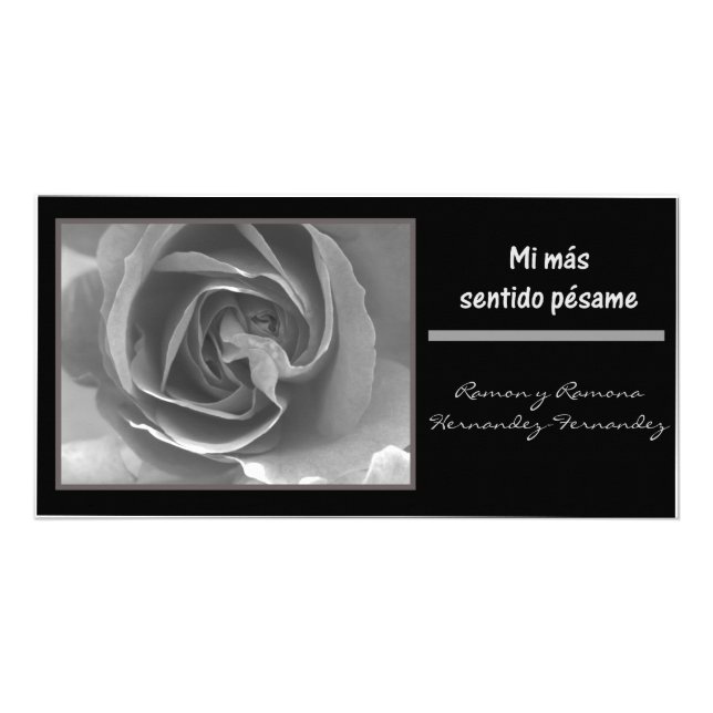 Mi mas sentido pesame espanol black white rose card (Front)