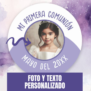 Mi Primera Comunión con Foto y Año Classic Round Sticker