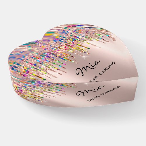 Mia Holograph  Rainbow Rose Name Meaning Heart Paperweight
