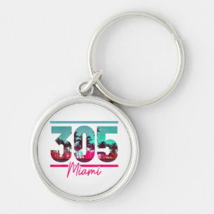 Miami 305 Area Code Florida Vintage Palm Trees Pri Keychain