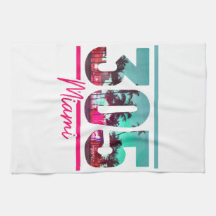 Miami 305 Area Code Florida Vintage Palm Trees Pri Kitchen Towel