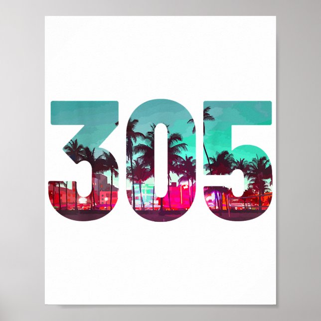 Miami 305 Area Code Florida Vintage Palm Trees Pri Poster (Front)