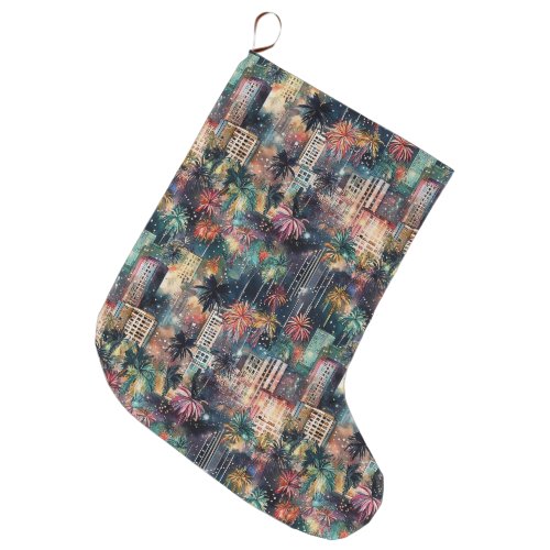 Miami at Christmas  New Years in Watercolors Large Christmas Stocking