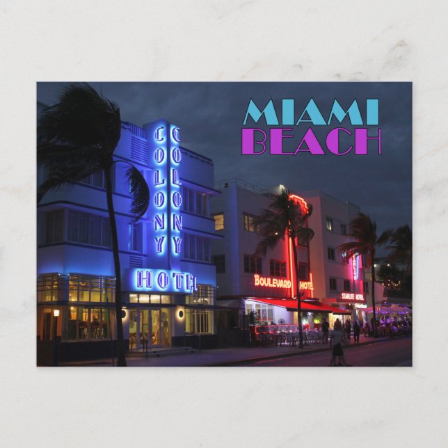 Miami Beach Art Deco Hotels at Night Postcard (Front)