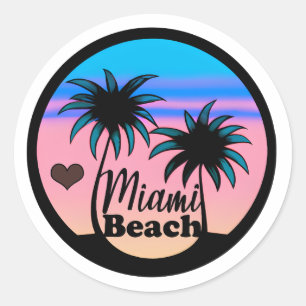 Miami Beach Blue and Pink Palm Trees Classic Round Sticker