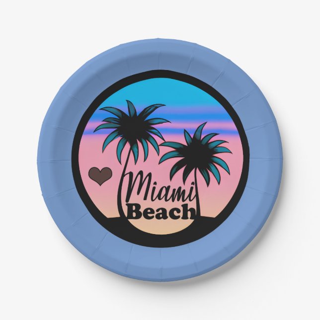 Miami Beach Blue and Pink Palm Trees Paper Plates (Front)