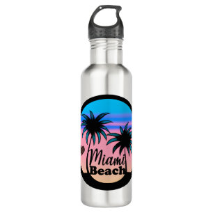 Miami Beach Blue and Pink Palm Trees Stainless Steel Water Bottle