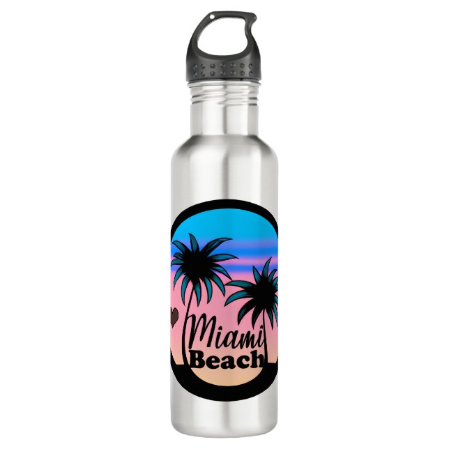 Miami Beach Blue and Pink Palm Trees Stainless Steel Water Bottle (Front)