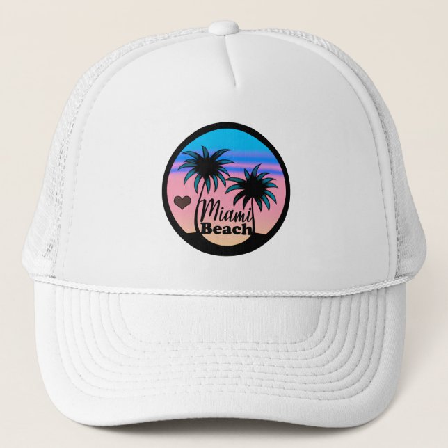 Miami Beach Blue and Pink Palm Trees Trucker Hat (Front)